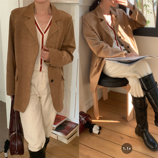 Fall 2023 French style retro lapel single-breasted loose mid-length deerskin velvet long sleeve suit jacket for women