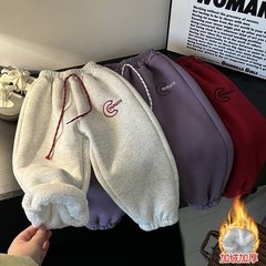 儿童加绒裤冬季男童女童保暖加厚卫裤经典刺绣中大童中性洋气长裤