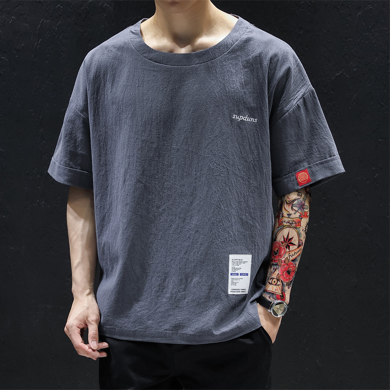 Linen T-shirt Men's Short-sleeved Trendy Brand Embroidered Cotton Linen Half-sleeved Loose Linen Top Round Neck Summer Chinese Style Men's Clothing Linen T-shirt Men's Short-sleeved Trendy Brand Embroidered Cotton Linen Half-sleeved Loose Linen Top Round Neck Summer Chinese Style Men's Clothing