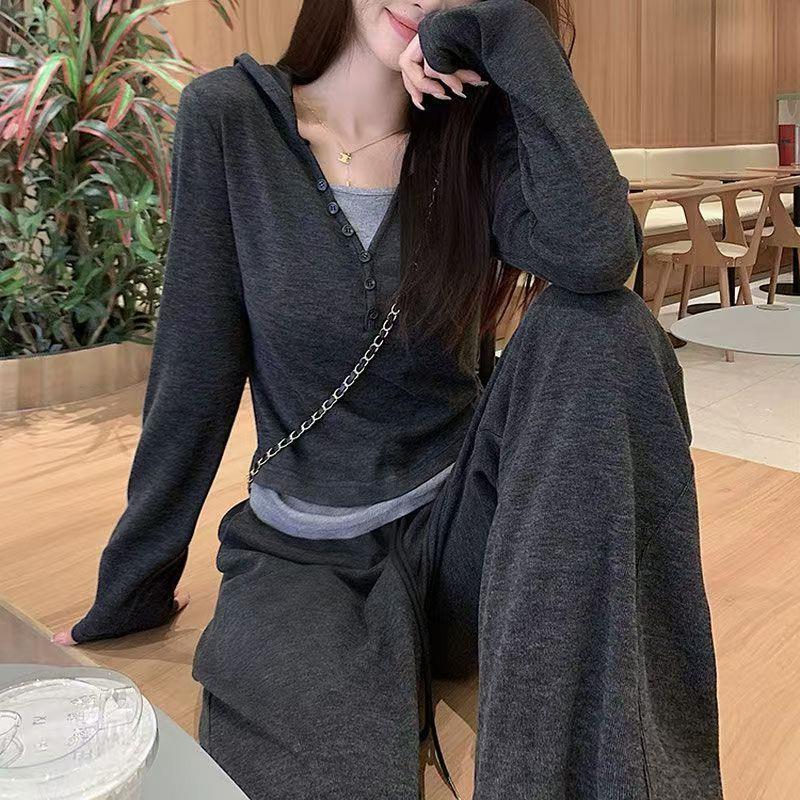 Hooded Sweatshirt Sportswear suit Women's Autumn and Winter Running Fashion Korean Style Slim Look Top Casual Three-Piece Wide-Leg Pants