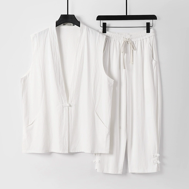 Мужской жилет большого размера в китайском стиле, одежда для мирян из хлопка и льна, леггинсы с половиной рукавов, одежда дзен в китайском стиле, чай и буддийский ретро-костюм.