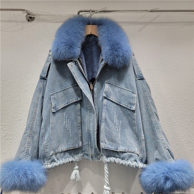 Jacket de vaqueros de cuello de lana real para mujeres más vello grueso otoño y invierno versátil 2025 nuevo estilo de moda suelta ropa de algodón de manga de murciélago coreana
