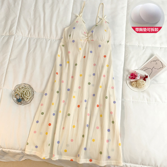 Verano nuevo estilo dulce amor camisón falda media femenina con almohadilla en el pecho lindo algodón imitación pliegue tirantes hogar camisón delgado