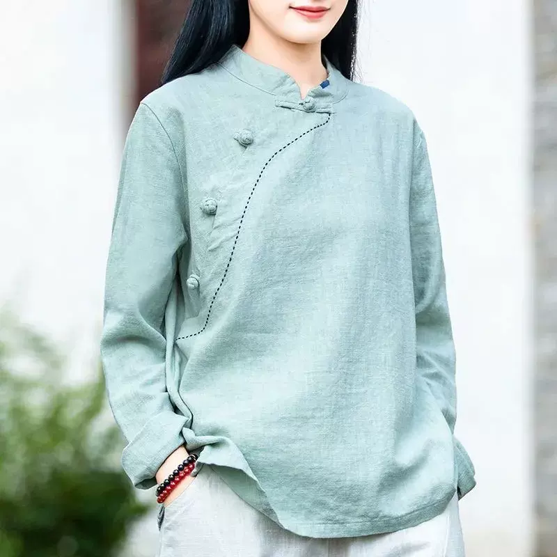 女装外贸文艺复古春夏秋季棉麻长袖宽松显瘦上衣立领斜襟盘扣衬衫