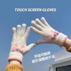 Warm Butterfly Knot Touch Screen Women's Han Style Cute Student Fleece Lined Cold Proof Cycling Five Finger Knitted Gloves