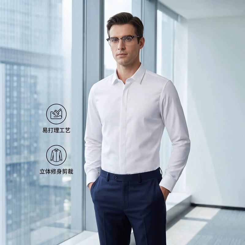 Men's White Long-Sleeved Shirt, Women's Real Estate Training Shirt, Office Workwear, Customizable with Embroidered Logo, Business Wrinkle-Free Men's White Long-Sleeved Shirt, Women's Real Estate Training Shirt, Office Workwear, Customizable with Embroidered Logo, Business Wrinkle-Free