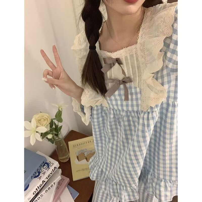 韩版ins格子睡衣女春秋季长袖长裤开衫套装学生休闲可外穿家居服|undefined