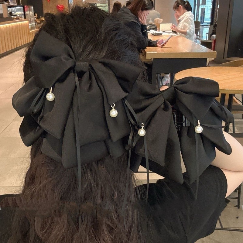 気質パールペンダント、黒リボンポニーテールクリップ、後頭部ヘアボールヘアクリップ、高級ヘアアクセサリー|undefined