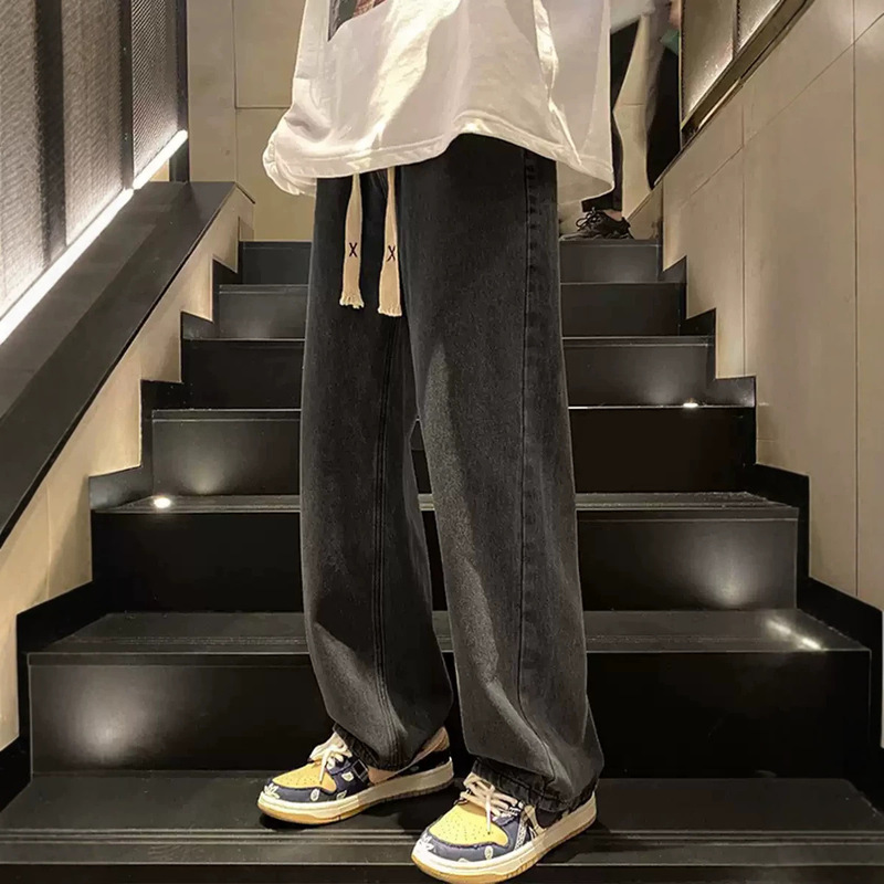 Men's washed denim jeans, spring/autumn collection, straight-leg, loose fit, plus size, wide-leg pants, American-style trendy casual long pants