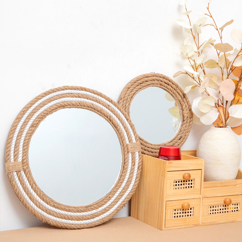 Espejo redondo de cuerda de cáñamo estilo ins casa de familia decoración de pared baño espejo colgante escritorio maquillaje espejo fotografía venta caliente transfronteriza