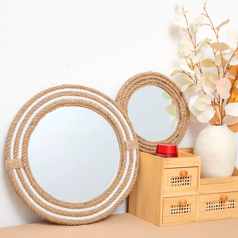 ins风麻绳圆镜子民宿墙面装饰浴室挂镜桌面化妆镜子摄影跨境热销