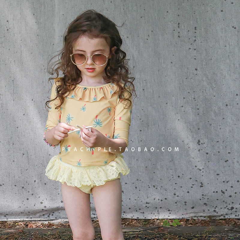 2025 クロスボーダー長袖日焼け止め子供水着スプリット水着女の赤ちゃんハイエンド女の赤ちゃん花柄水着