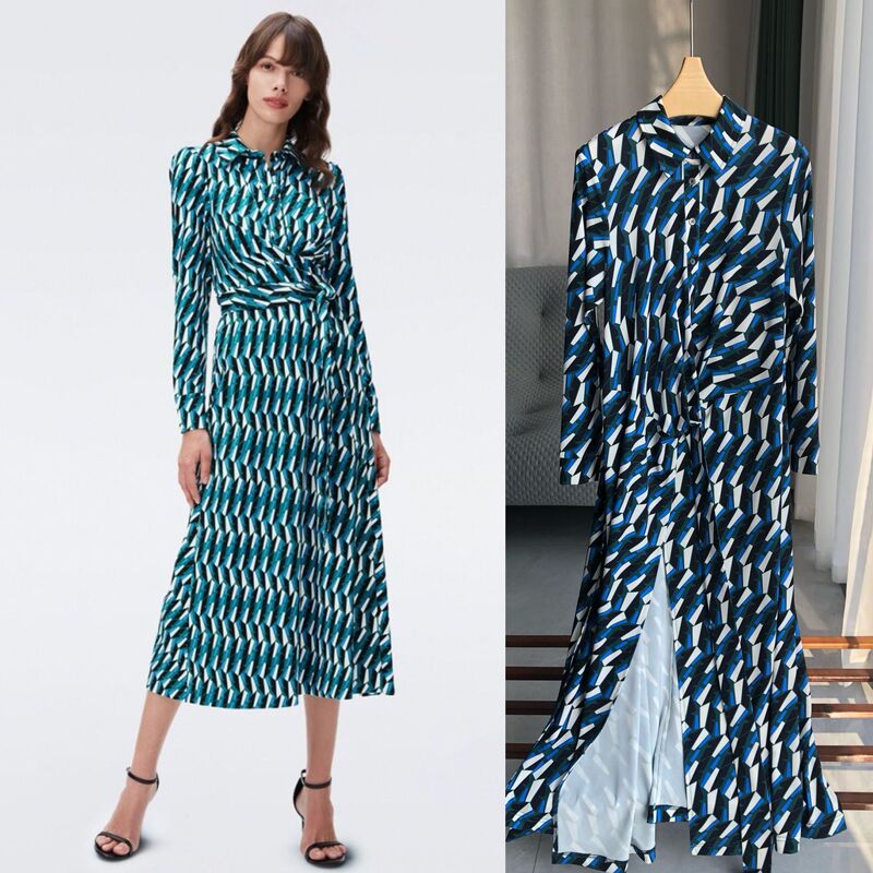French Elegance Tea Break Dress, Gemstone Green and Blue Geometric Print Stretch Wrap Dress, Shirt-Style Mid-Length Dress