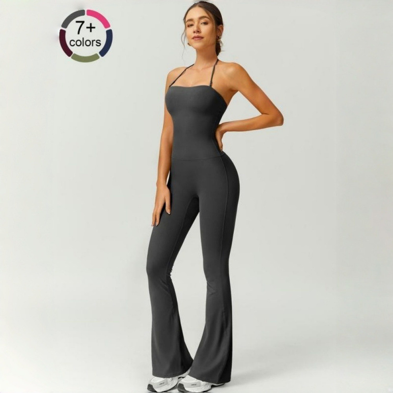 Carefully Selected European and American Style One-Piece Tight-Fitting Sports Jumpsuit with Wide-Leg Pants, Sexy and Simple Running and Fitness Wear