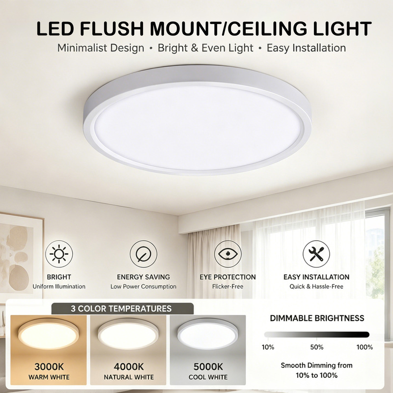 7/9/ 12inch Led Ultra-Thin Ceiling Light Round Panel Light 15/18/24W Dimmable for Bedroom and Kitchen Use