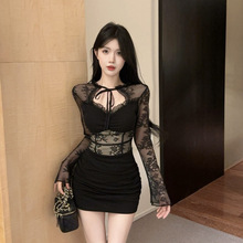 新款9635纯欲性感挂脖包臀连衣裙女低胸棉拼网纱镂空短裙夜店女装