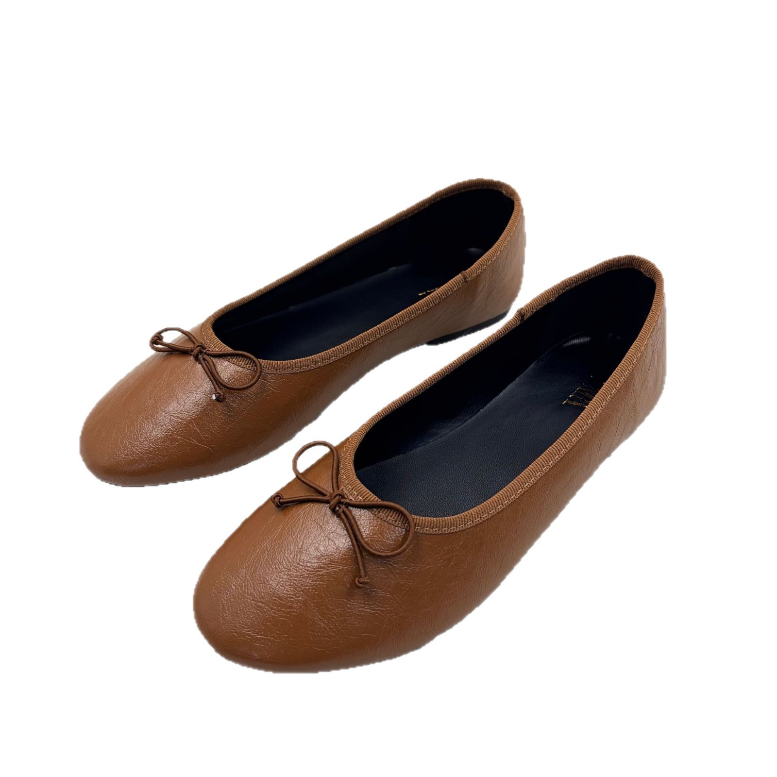 2026 Spring New Women's Shoes Brown Leather Bow Detail Decoration One Step Round Head Flat Ballet Shoes for Women