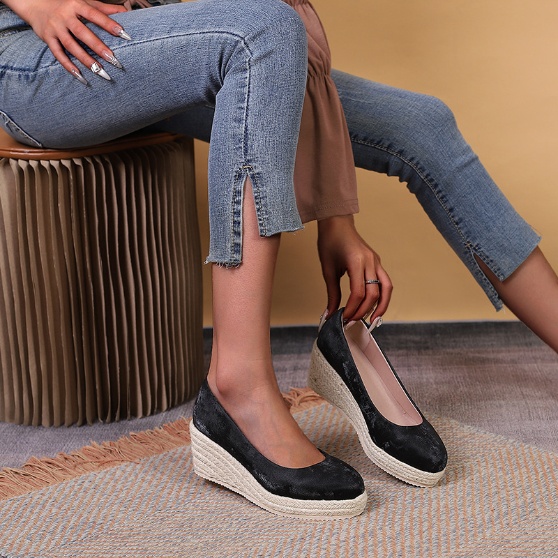 Spring and Autumn wedge platform high heel shallow mouth single-layer shoes women's comfortable off-work hemp rope bottom Amazon cross-border AliExpress in stock