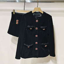 1件起批2024冬女装 宫廷风黑色丝绒中长外套阔腿短裤套装S241179