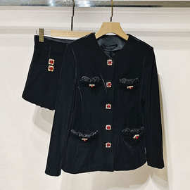 1件起批2024冬女装 宫廷风黑色丝绒中长外套阔腿短裤套装S241179