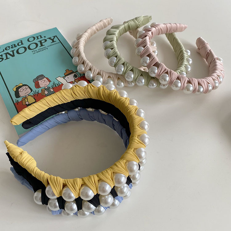 130g Weight Headwear Classification Housewarming, Anniversary, Business, Wedding, Travel, Birthday, Festival Occasion Plaid, Waves Pattern Women'S Gender Fashion Style Beige, Pink, Green, Blue, Yellow, Black Color Korean Winding Pearl Woven Headband Wholesale 1
