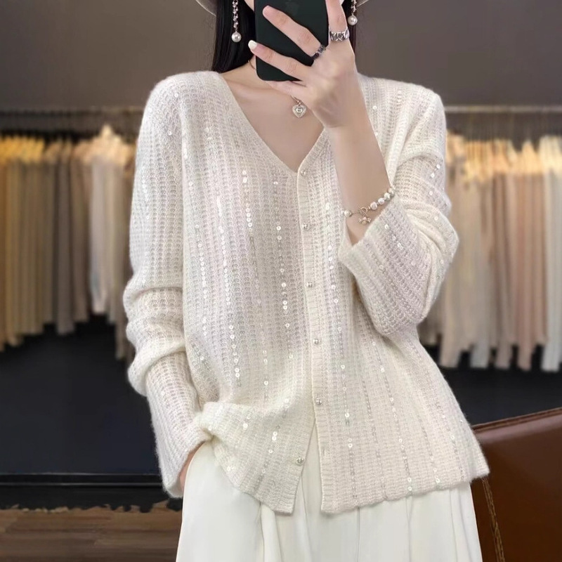 Cross-Border European-Style Heavy Sequin Fashion Cardigan for Women, V-Neck Loose Pearl Button Sweater, Versatile Knitted Base Coat