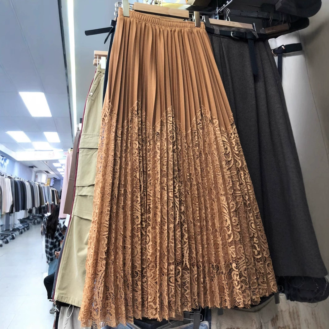 Осенняя европейская элегантная кружевная юбка с плиссированной юбкой