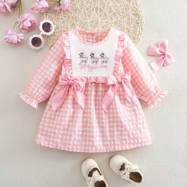 Cross-Border European and American Girls' Dress, Pink Embroidered Big Goose Bow Plaid Dress, Girls' Long-Sleeve Dress, Bubble Cotton