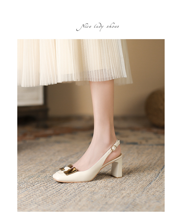 Sandal nữ mùa hè gót dày vuông mũi bao đầu khóa kim loại quai ngang lưng rỗng — Hồng mâm xôi chi tiết 11