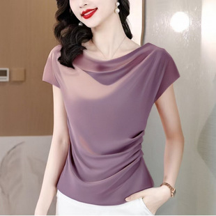 Acetate Satin Pile Collar Short-Sleeved T-Shirt for Women Summer 2025 New Fashion Shirt Waist Top