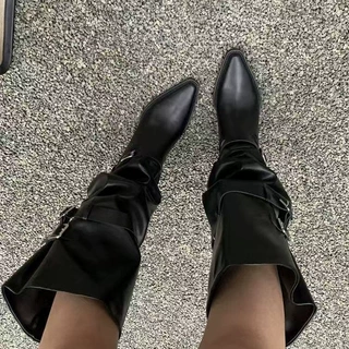 超软牛皮大筒围尖头堆堆靴女粗跟皮带扣高筒骑士靴子辣妹宽筒长靴