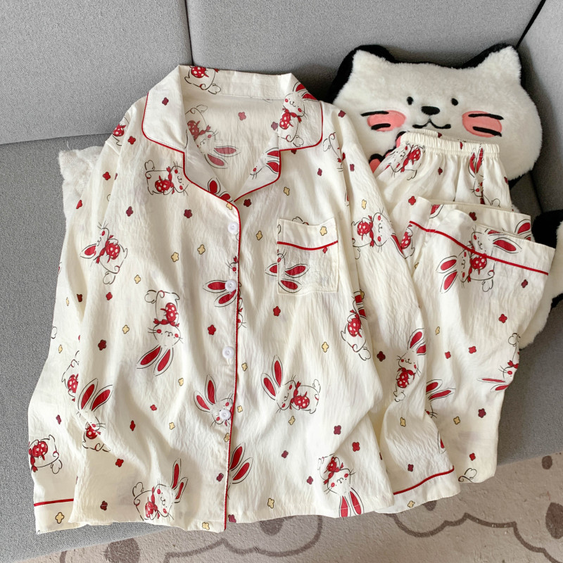 工厂直销云朵棉新款睡衣女长袖长裤开衫翻领卡通大码家居服套装|undefined