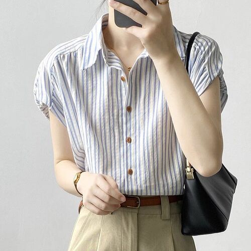 French Striped Chic Short-Sleeve Blouse Women's 2025 Summer New Unique High-End Minority Shirt