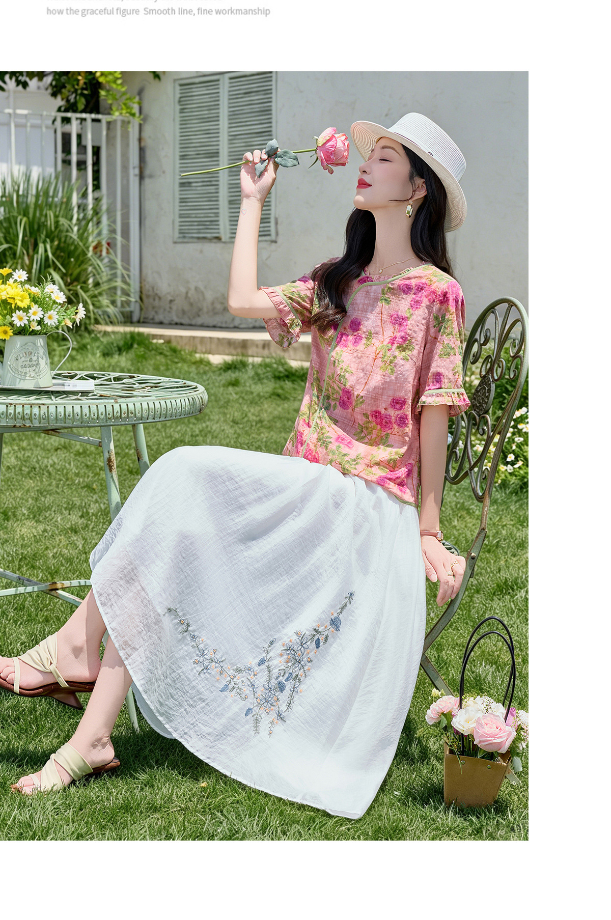 Bộ áo sơ mi in họa tiết cổ điển và chân váy thêu NI8362 — Màu ảnh chi tiết 15