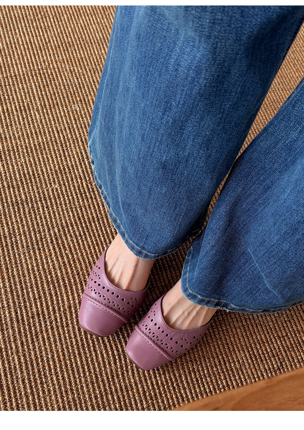 Sandal nữ da cừu mũi trùm gót thấp quai ngang một dây hở gót — màu tím chi tiết 20