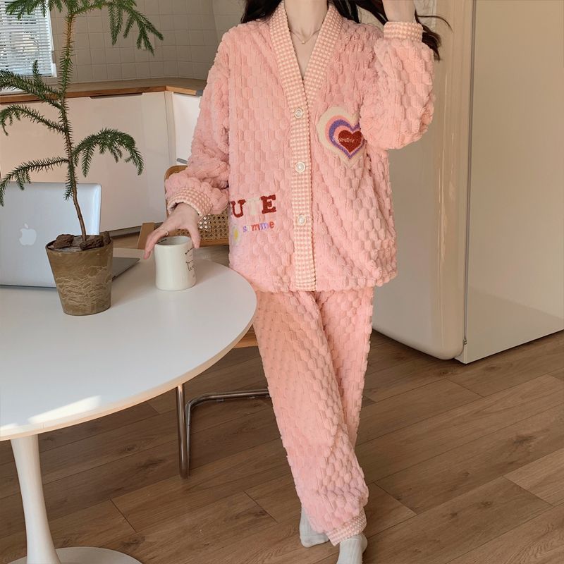 Al por mayor transfronterizo otoño y invierno más terciopelo espeso terciopelo de coral pequeño arco de viento perfumado pijama de mujer ropa cálida para el hogar conjunto
