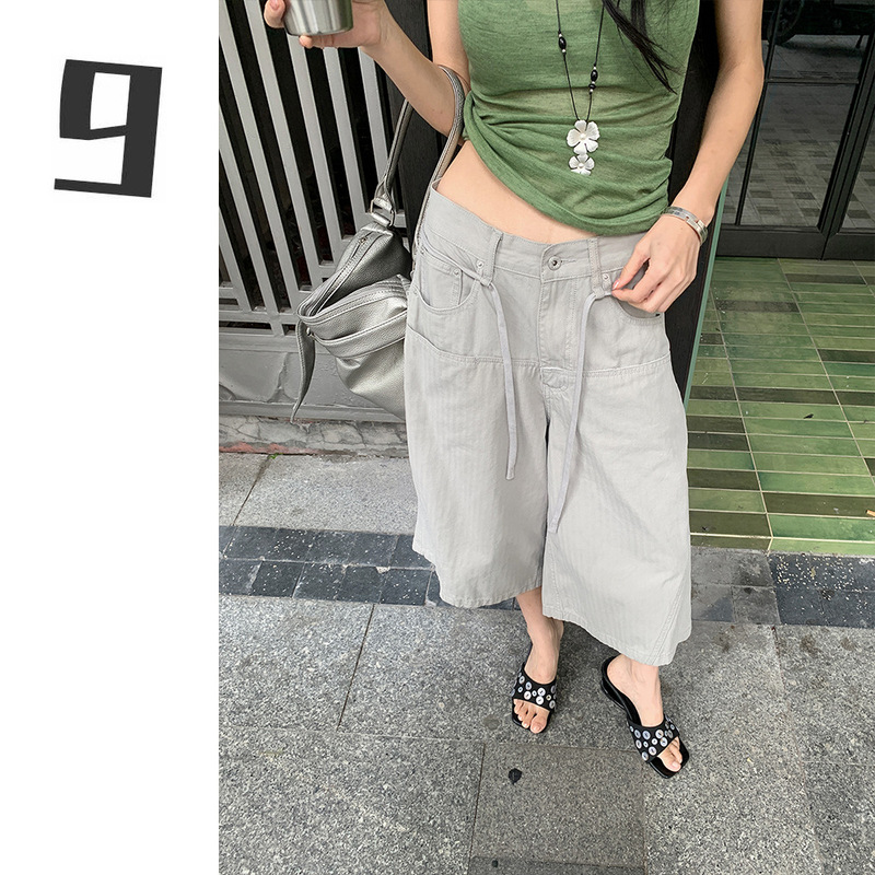 [9Hour] Gray-Toned Tie-Up Summer Cropped Jeans for Women, Summer Casual Loose Wide-Leg Mid-Length Pants Cx3070