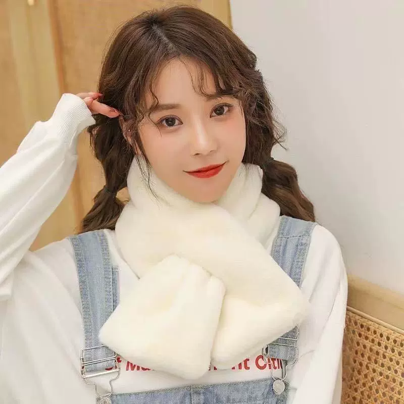 兔毛毛绒围巾女秋冬季加厚保暖韩版学生百搭交叉毛 绒围脖护颈