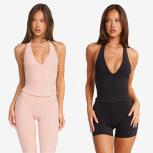 外贸跨境欧美瑜伽V领含胸垫背心高弹速干提臀运动健身长裤套装