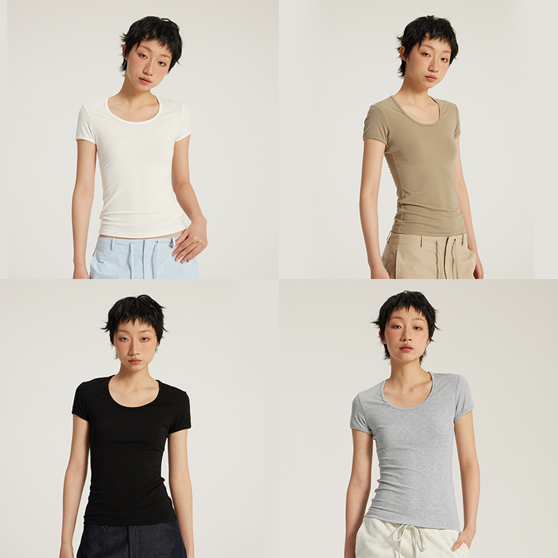 Teeshe Women's Clothing Lenzing Tencel ™ U-Neck Slim-Fit T-Shirt 25 Spring/Summer Breathable Base Layer Slimming Short-Sleeve