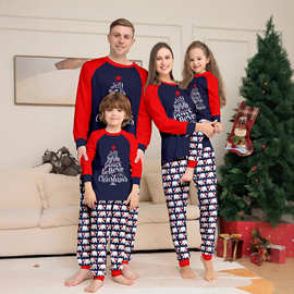 欧美亲子装一家三四口全家装节日穿搭拍照服北极熊圣诞树印花睡衣