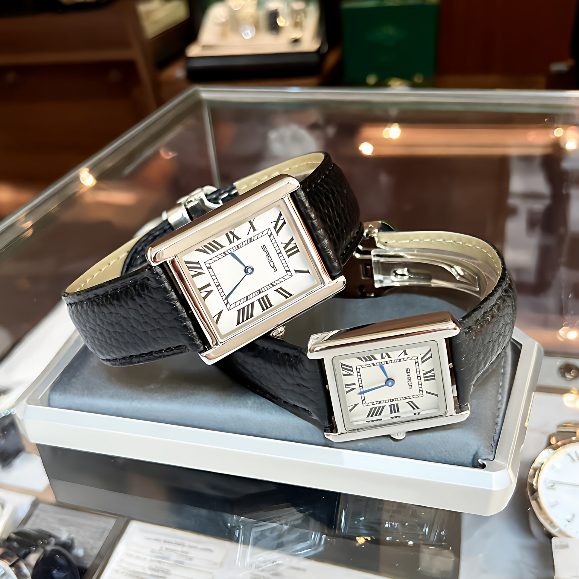 Factory Direct Sales Square Couple Watch Big Brand Genuine Men and Women High-End Leather Belt Tank Quartz Watch Butterfly Buckle