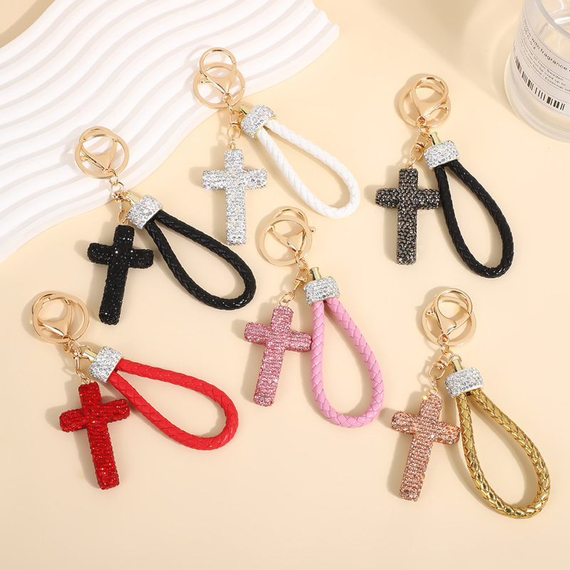 Personalized Cross Leather Rope Keychain Trendy Cross Car Keychain Creative Simple Key Bag Pendant