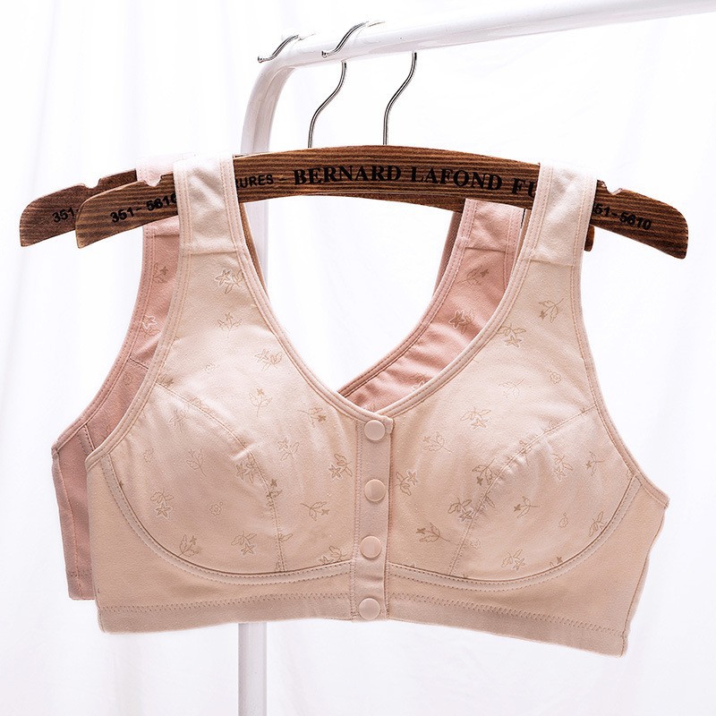 Directly from the Manufacturer, Front-Clasp Bra for Middle-Aged and Elderly Women, No Underwire, No Padding, Printed Thin Vest-Style Bra with Optional Cup Inserts