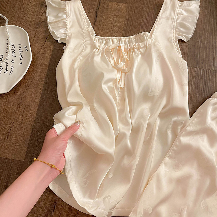 夏天带胸垫冰丝背心睡衣女薄款高级感轻奢舒适大码短裤居家服套装|undefined
