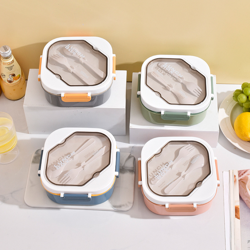 Lonchera de plástico de doble capa y tres compartimentos, muy vendida al por mayor, para estudiantes y trabajadores de oficina, lonchera cuadrada portátil de PP, lonchera para el hogar.