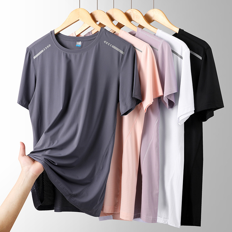 Silk thin quick dry elastic sports solid short sleeve T-shirt with a…