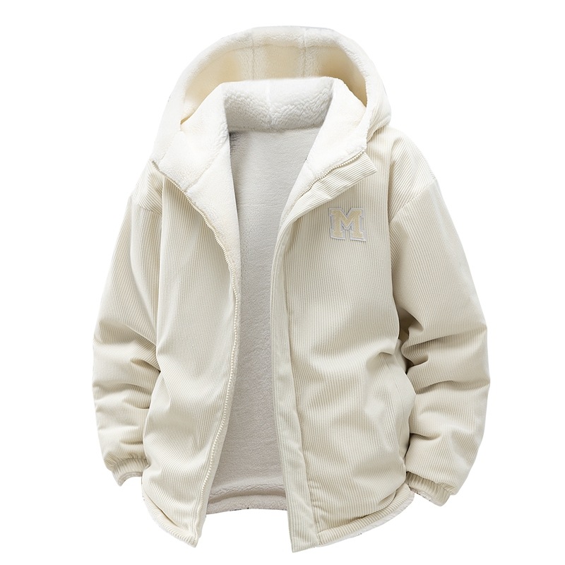 Corduroy Hooded Padded Jacket For Men And Women Thickened Padded Jacket Fleece Couple Padded Jacket_viptrois.com