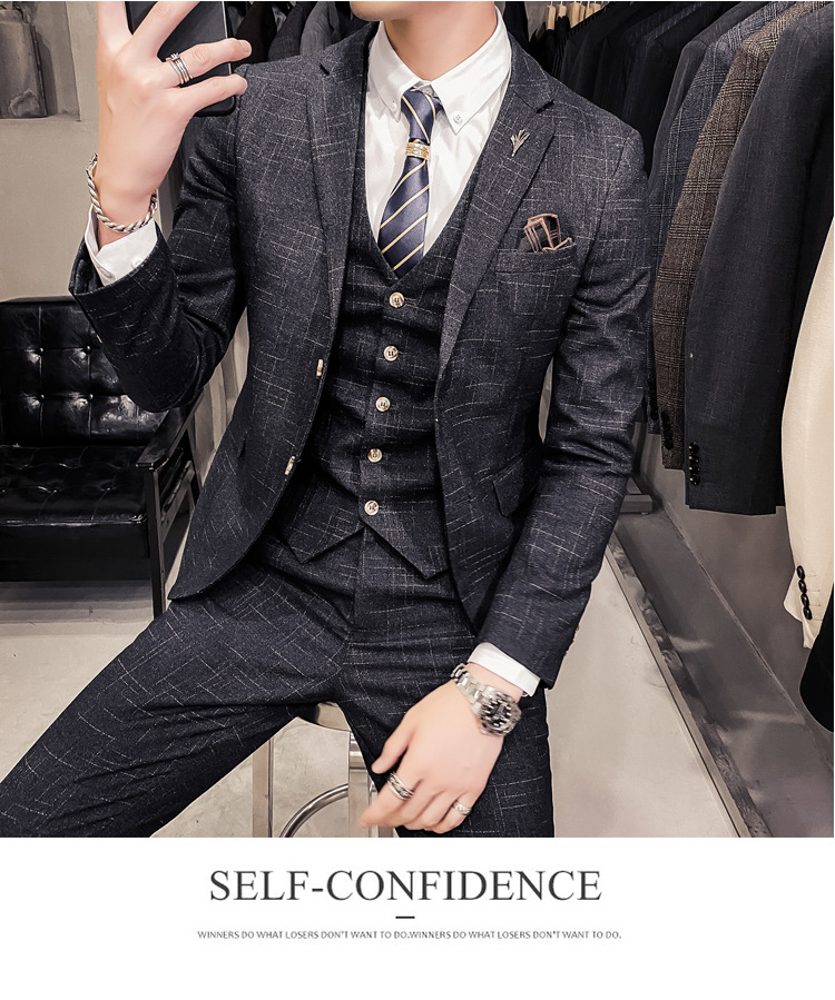 Herrenbekleidung Slim Fit dunkler Muster Herrenanzug mit zwei Knöpfen dreiteiliger Anzug Frühlings- und Herbststil Gentleman Herrenanzug Weste Hose_voghion.com