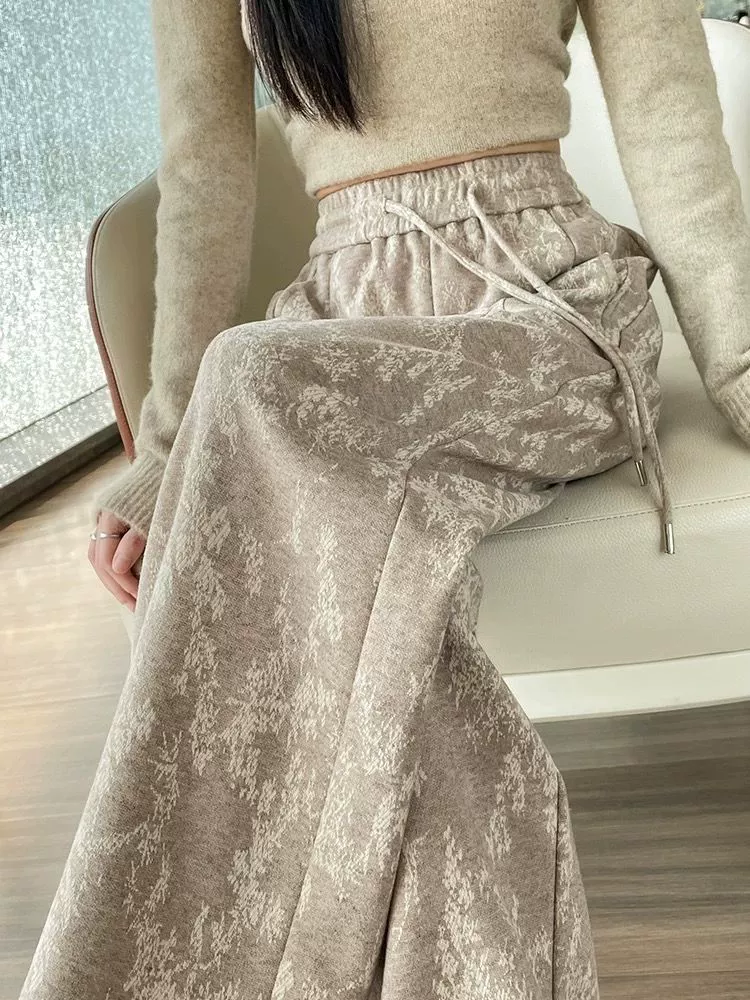 Новые китайские трикотажные широкие брюки в китайском стиле женский 2024 осень-зима новый стиль с высокой талией повседневный жаккардовый бездельничный клейкие рисовые брюки